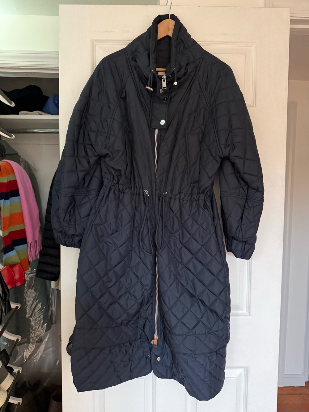 Ganni Long Puffer Coat with Drawstring Waist